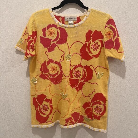 Susan Bristol Sweaters - Susan Bristol Vintage Sweater Floral Bouquet Short Sleeve Size M Preppy Academia